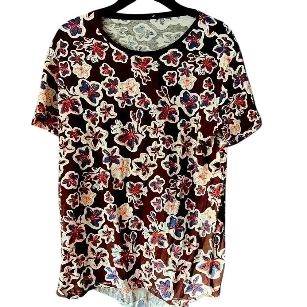 Vintage-Style Floral Print Short Sleeve T-Shirt Brown & Navy Casual Summer A35‎ - Picture 1 of 5